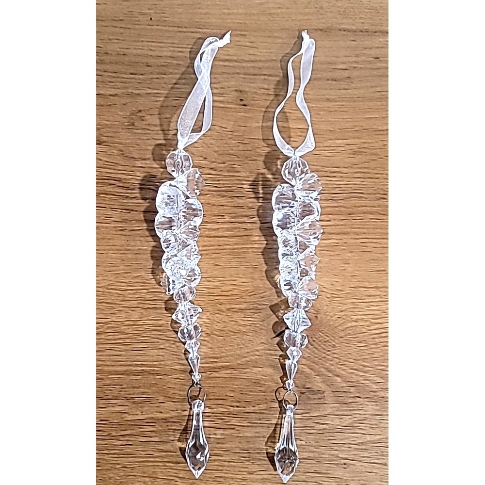 Set Of 2 Clear Acrylic Crystal Icicle Christmas Ornaments-Organza Ribbon Hanger